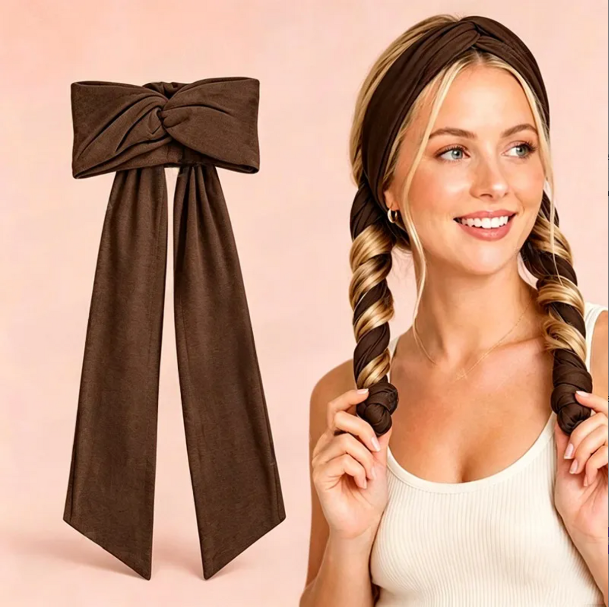 SleepCurl heatless curling headband in brown shown as a product and worn in the hair